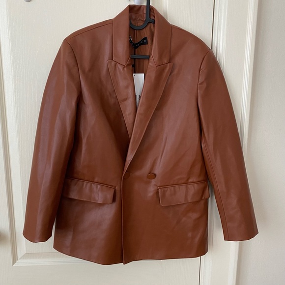 NWT Zara Brown Faux Vegan Leather Oversized Jacket Bloggers' Favorite size XS - Picture 6 of 16